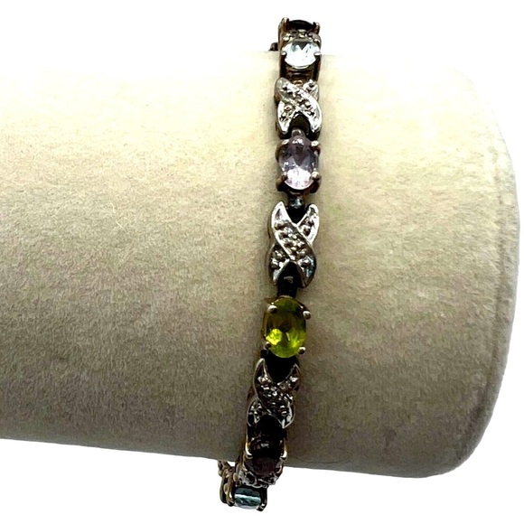 Vintage Multi-Stone Sterling Silver Bracelet With X Design & Gemstones    B19 - Picture 4 of 14